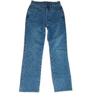 J Crew Factory Essential Straight Jeans  24 Frayed Hem Medium Blue Denim Cotton